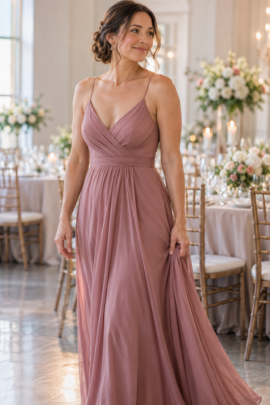 Adult bridesmaid in a dusty rose gown in a reception hall