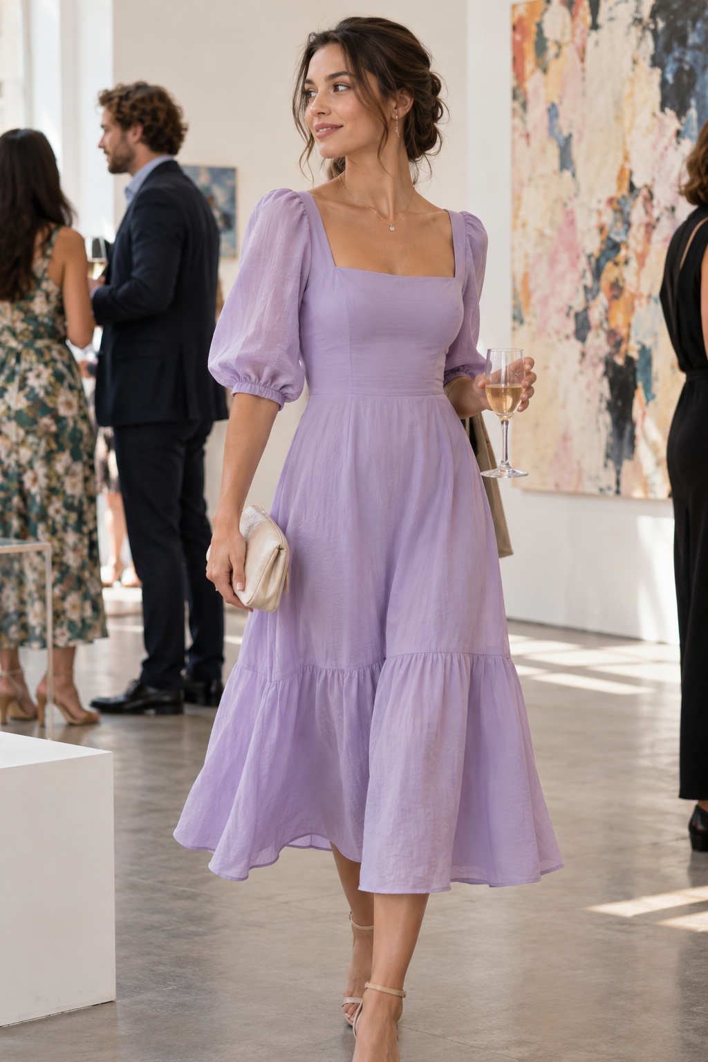 Adult model in a lavender midi dress at a daylight gallery