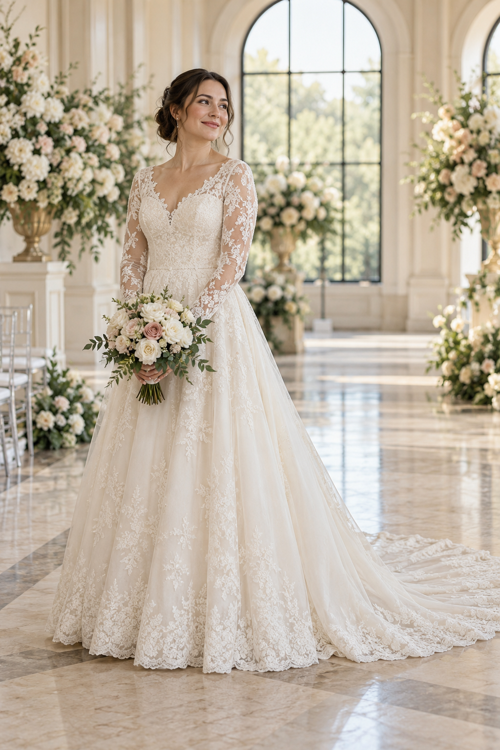 Adult bride in an ivory gown with a chapel train in a wedding hall