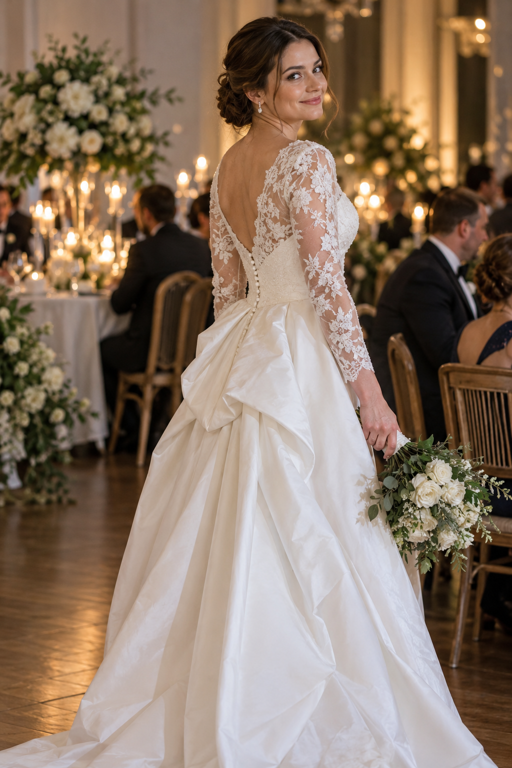 Adult bride in a gown with a neatly bustled train at a reception
