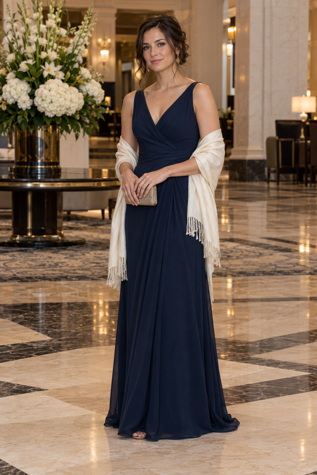 Adult model in a navy evening gown with an ivory shawl at a hotel